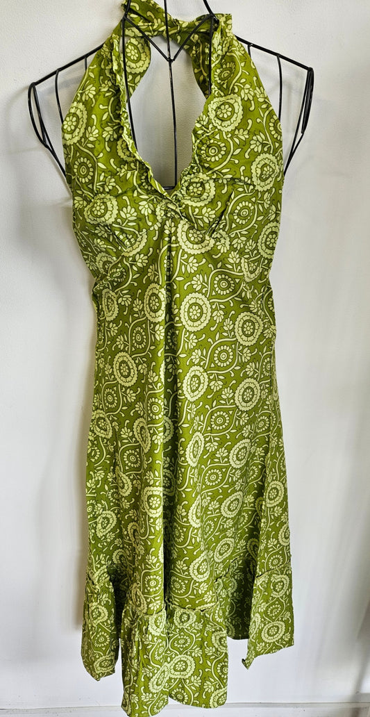 UNBRANDED COTTON MIDI VINTAGE STYLE DRESS GREEN RETRO FLORAL SIZE L