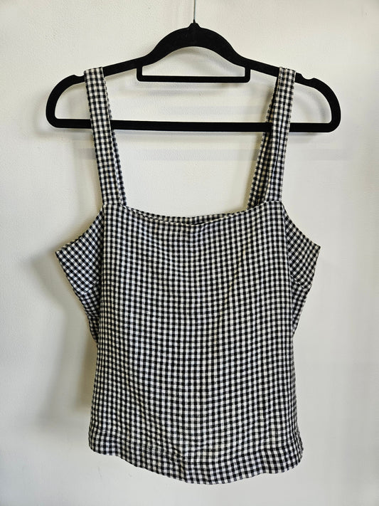 GLASSONS LINEN BLEND SLEEVELESS TOP BLACK WHITE GINGHAM SIZE M