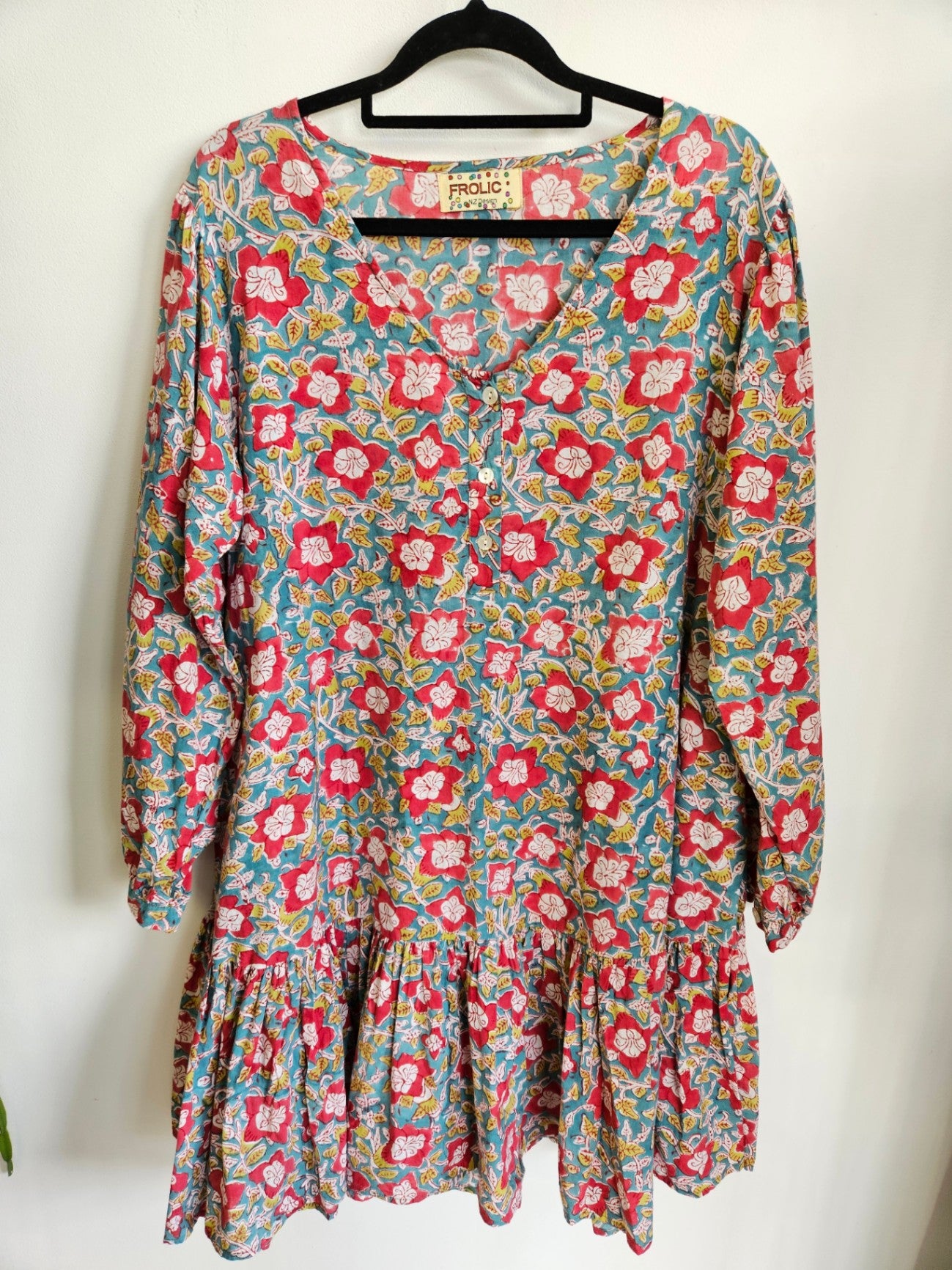FROLIC COTTON DRESS TEAL RED FLORAL SIZE L
