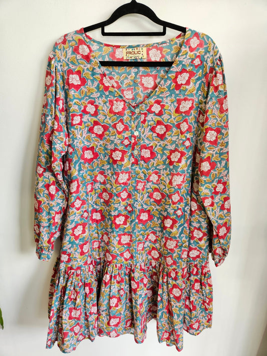FROLIC COTTON DRESS TEAL RED FLORAL SIZE L