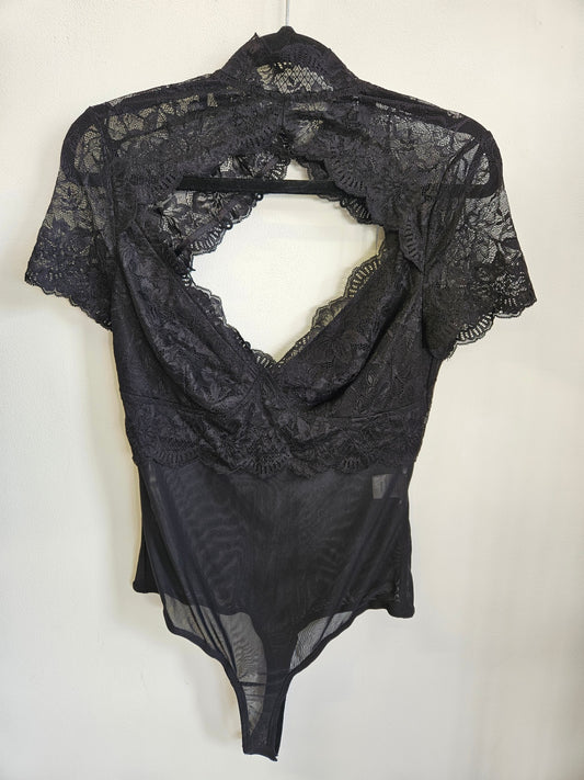 HELLO MOLLY LACE MESH BODYSUIT BLACK SIZE M
