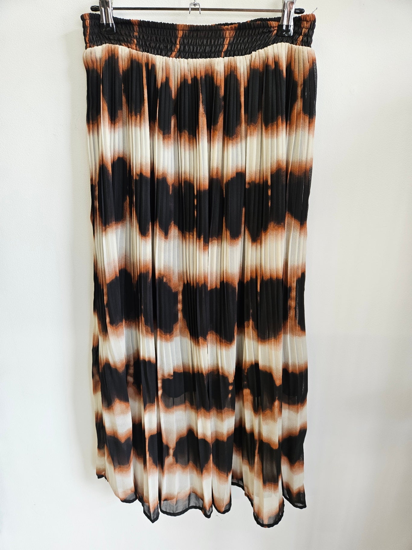 UNKNOWN BRAND CHIFFON PLEATED MAXI SKIRT BROWN BLACK CREAM SIZE S