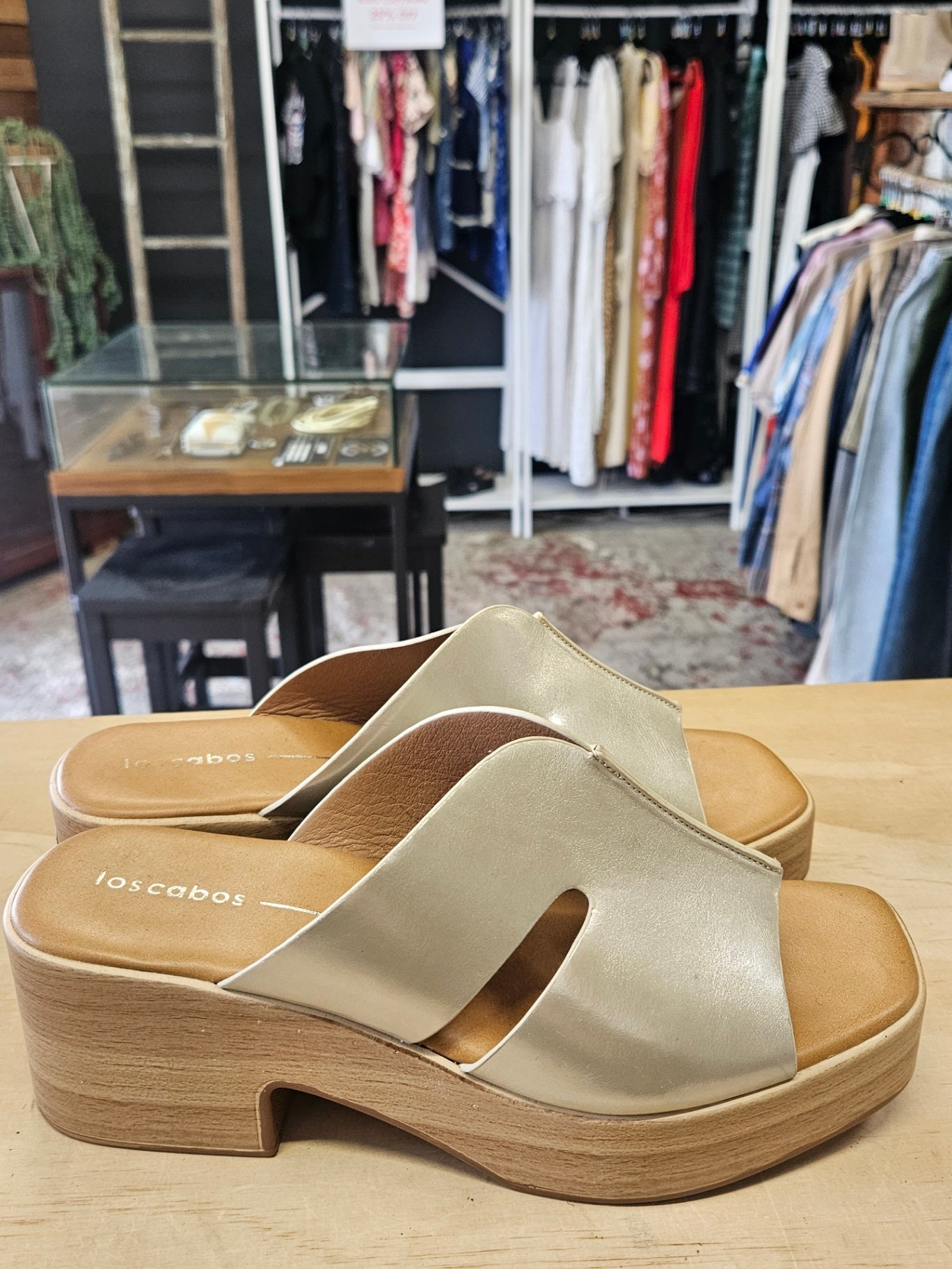 LOS CABOS FAUX LEATHER WOOD LOOK PLATFORM SLIDES GOLD SIZE 39