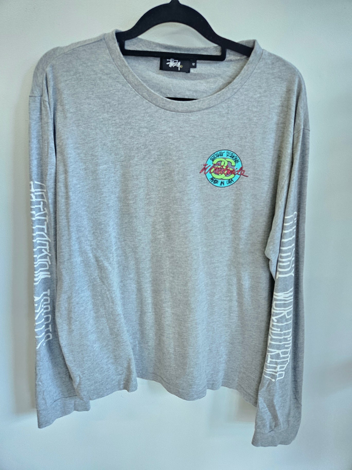 STUSSY COTTON BLEND LONG SLEEVE TOP GREY SIZE 12
