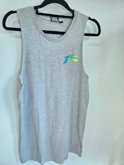 RUSTY COTTON SINGLET DRESS GREY FLURO LETTERING SIZE 6