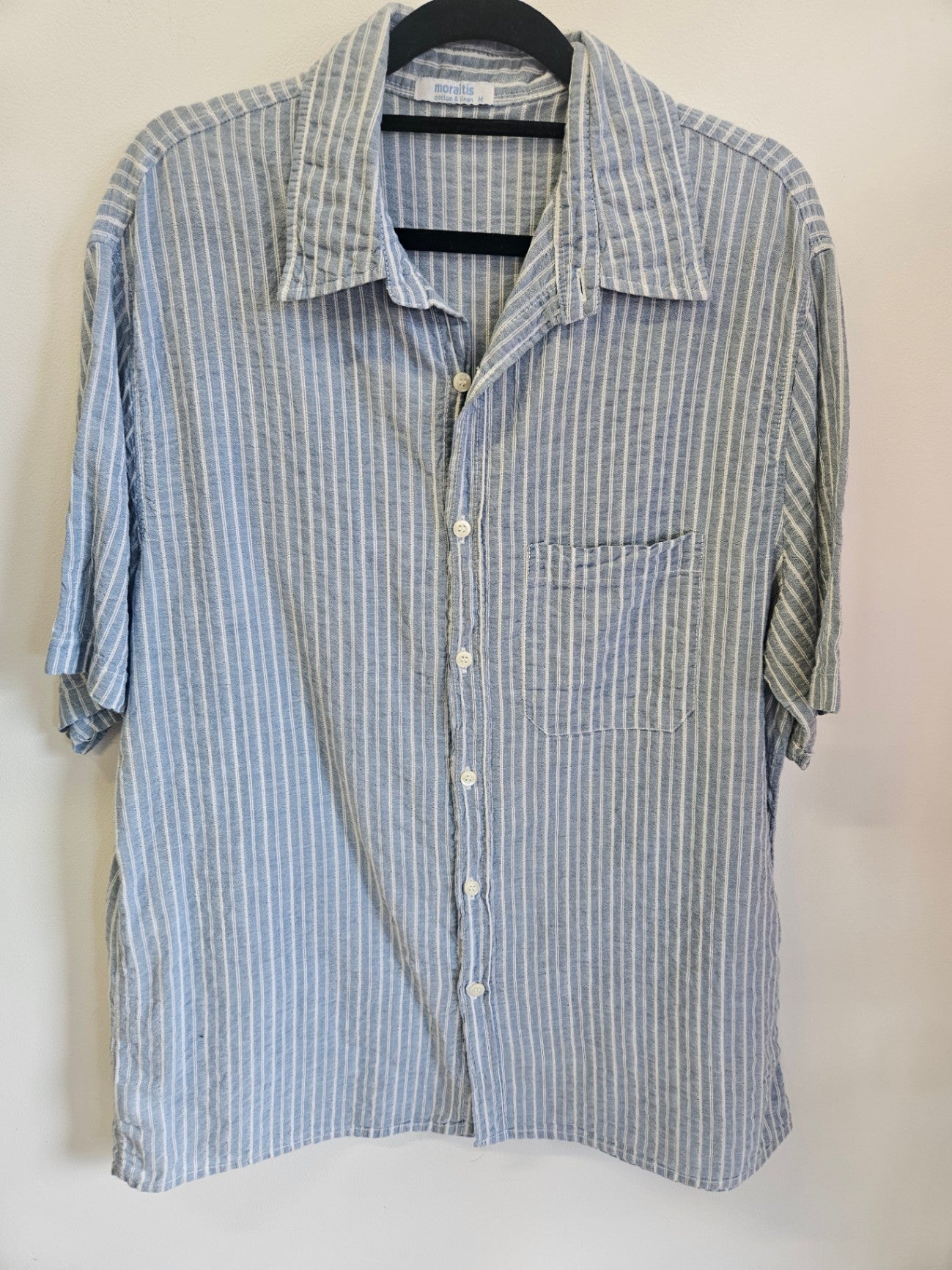 MORAITIS LINEN COTTON SHIRT LIGHT BLUE STRIPE SIZE M