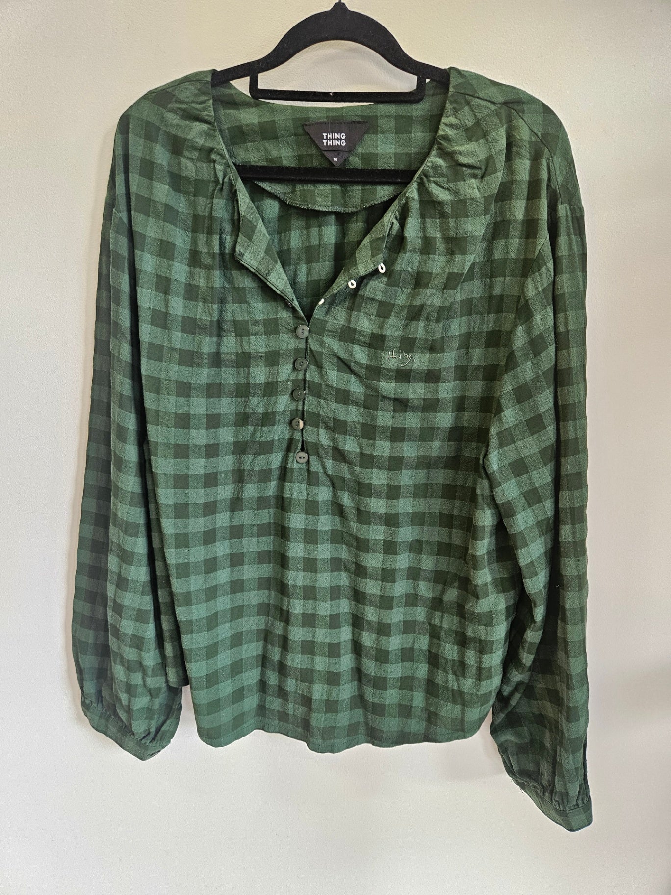 THING THING LINEN BLEND LONG SLEEVE TOP GREEN CHECK SIZE 14