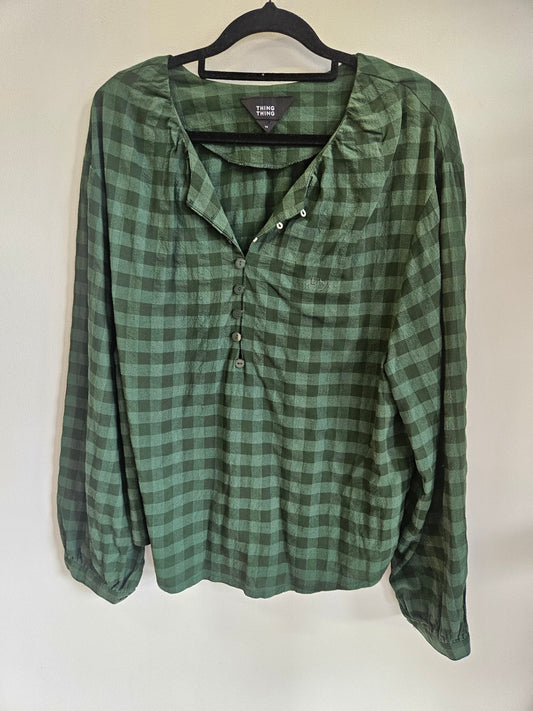 THING THING LINEN BLEND LONG SLEEVE TOP GREEN CHECK SIZE 14