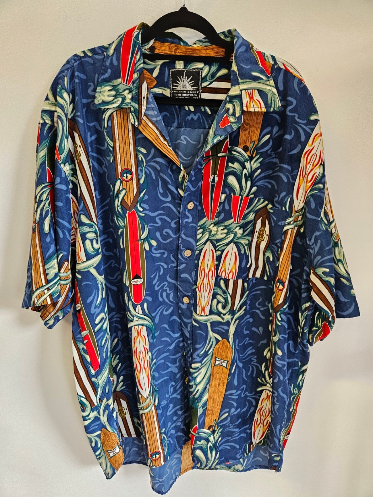 PACIFIC CLIFF POLYESTER SHORT SLEEVE SHIRT BLUE SURFOARD PRINT SIZE 3XL