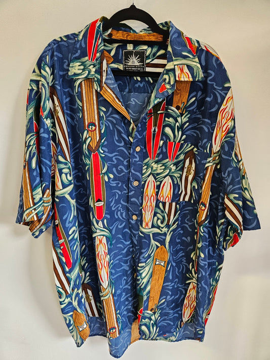 PACIFIC CLIFF POLYESTER SHORT SLEEVE SHIRT BLUE SURFOARD PRINT SIZE 3XL
