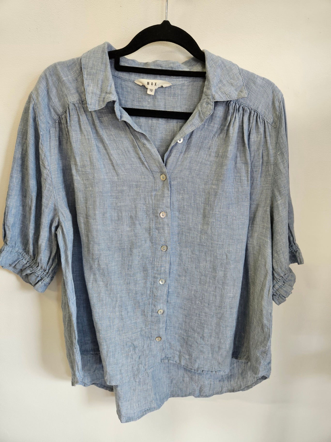 MAX LINEN SHORT SLEEVE TOP LIGHT BLUE SIZE 10