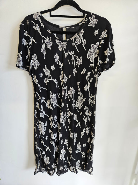 ANTHEA CRAWFORD VISCOSE DRESS BLACK WHITE FLORAL SIZE M