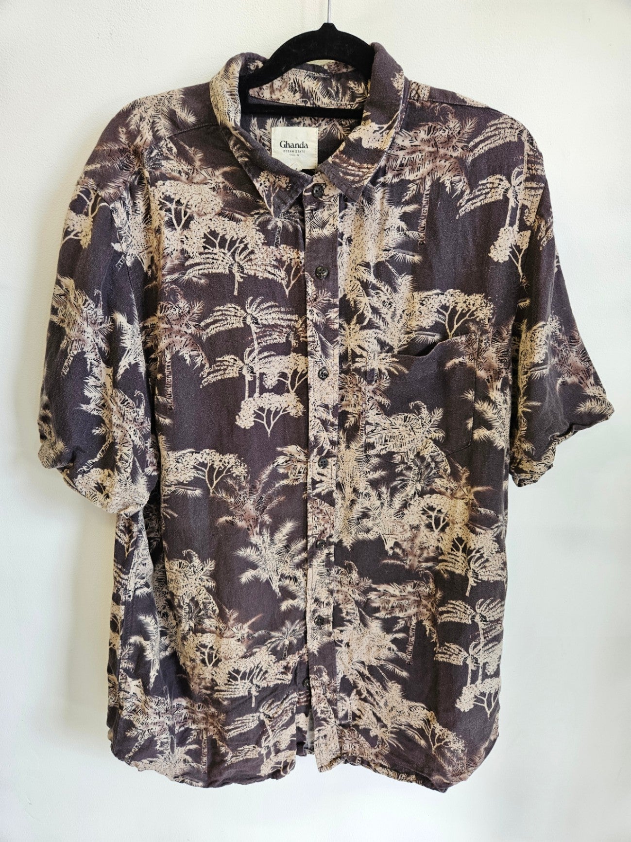 GHANDA LINEN RAYON SHIRT BROWN CREAM TROPICAL SIZE L