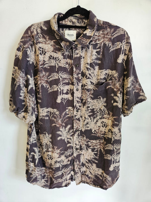 GHANDA LINEN RAYON SHIRT BROWN CREAM TROPICAL SIZE L