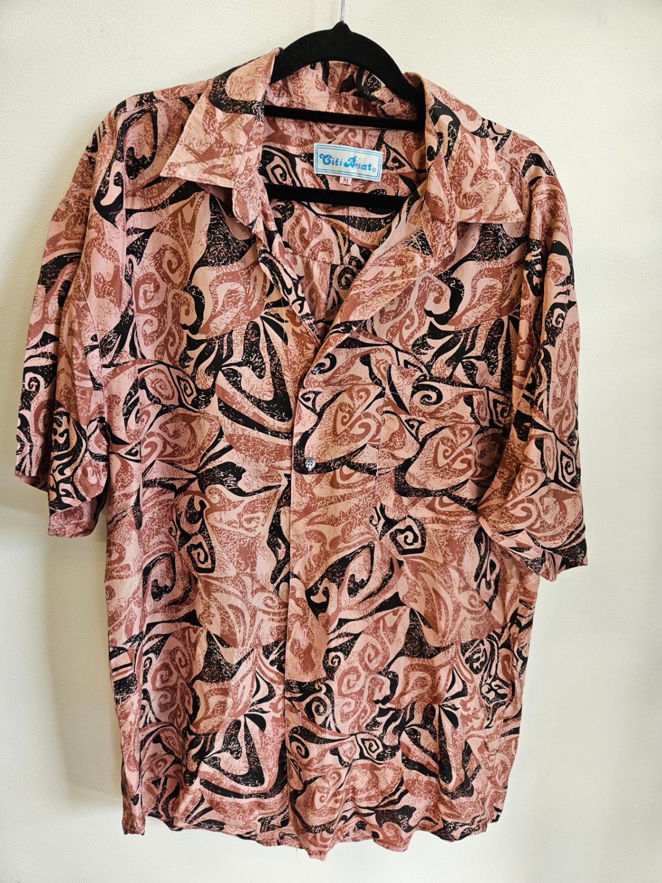 CITI BEAT SILK SHIRT PINK BLACK HAWAIIAN SIZE M