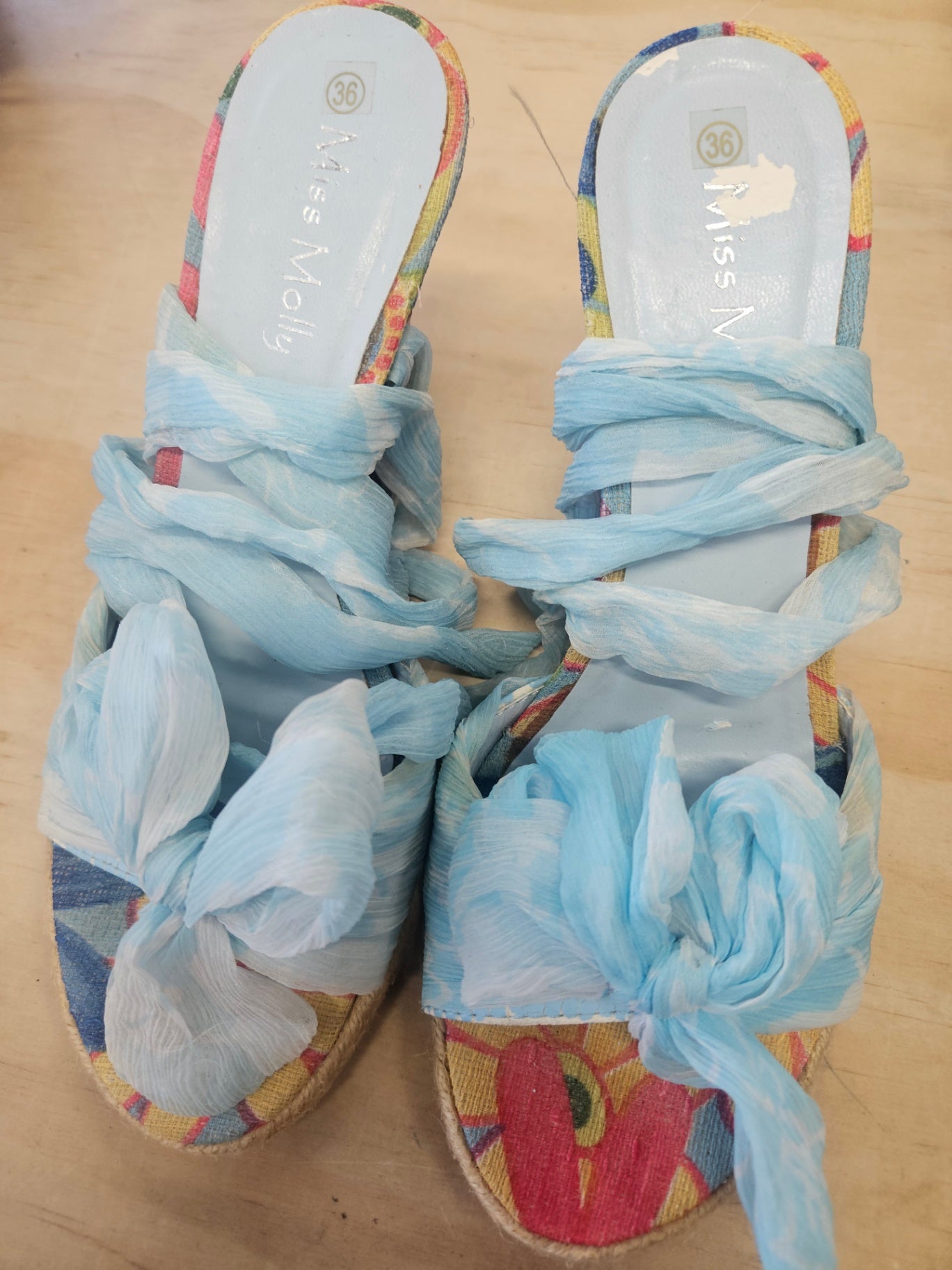 MISS MOLLY SILK RATTAN WEDGE HEELS BLUE BRIGHT FLORAL SIZE 36