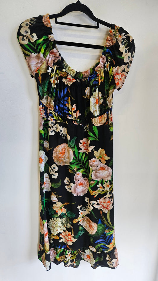 ANNAH STRETTON CHIFFON MIDI DRESS BLACK FLORAL SIZE S