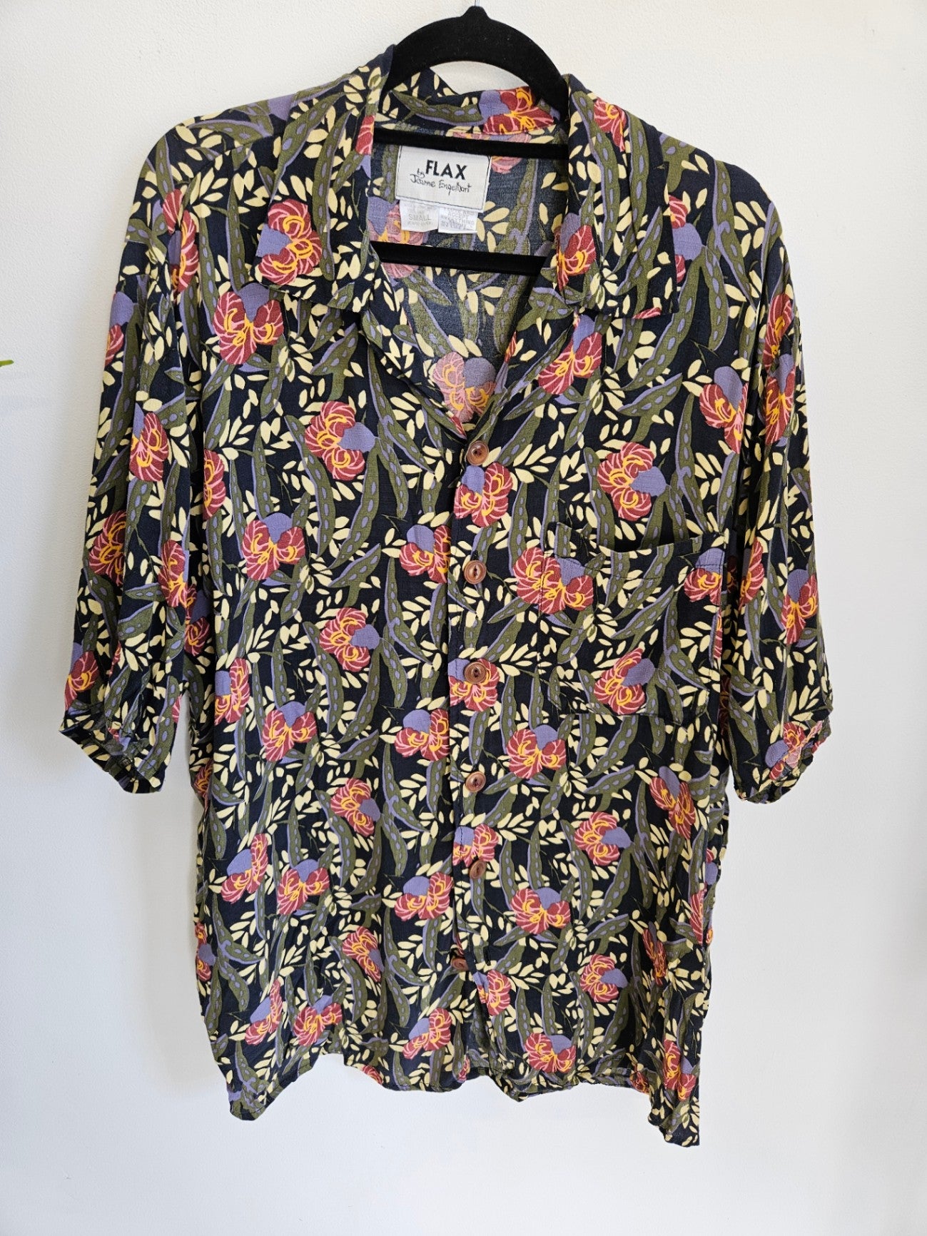FLAX BY JEANNE ENGLEHART RAYON SHIRT BLACK FLORAL SIZE S