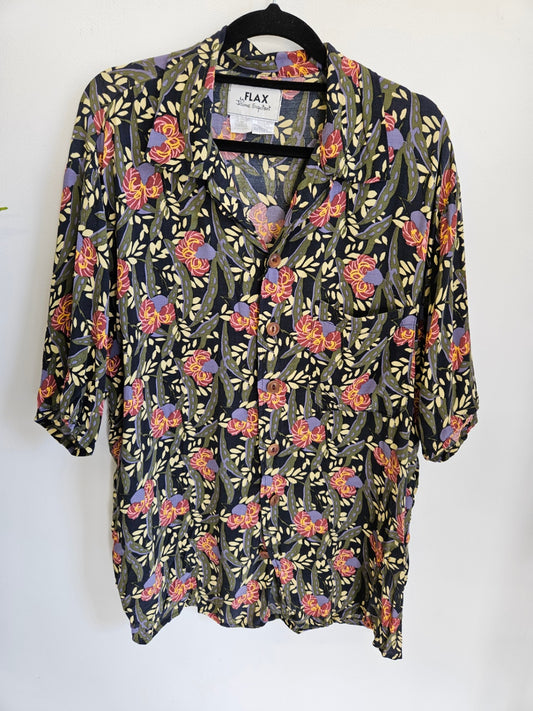 FLAX BY JEANNE ENGLEHART RAYON SHIRT BLACK FLORAL SIZE S