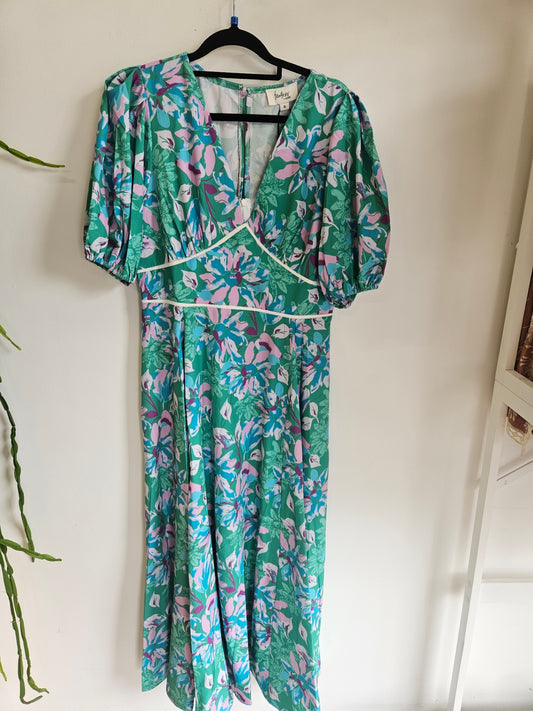 FEATHER AND NOISE DRESS GREEN BLUE PINK FLORAL SIZE 8