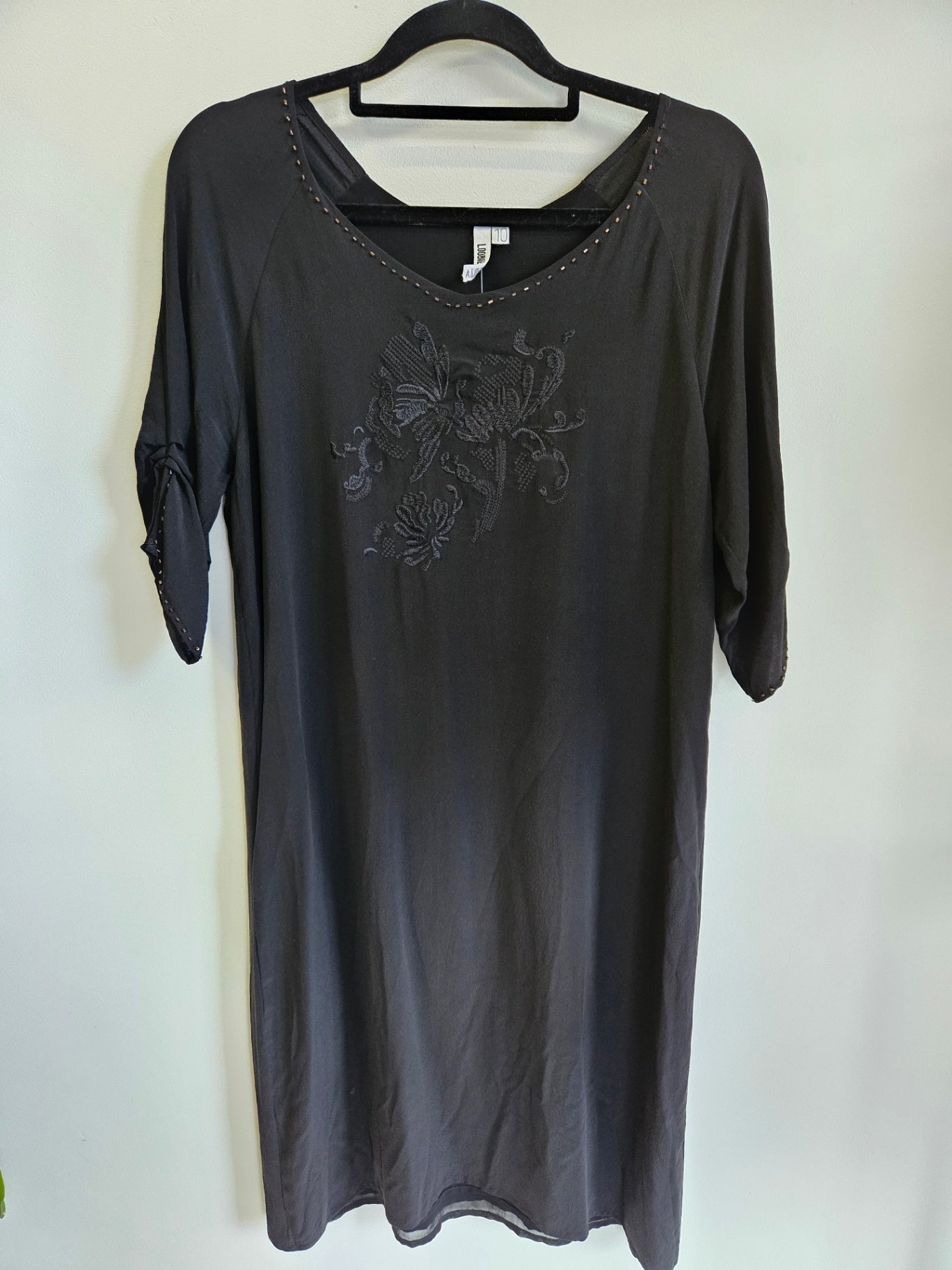 LOOBIES STORY SILK DRESS BLACK EMBROIDERED SIZE 10