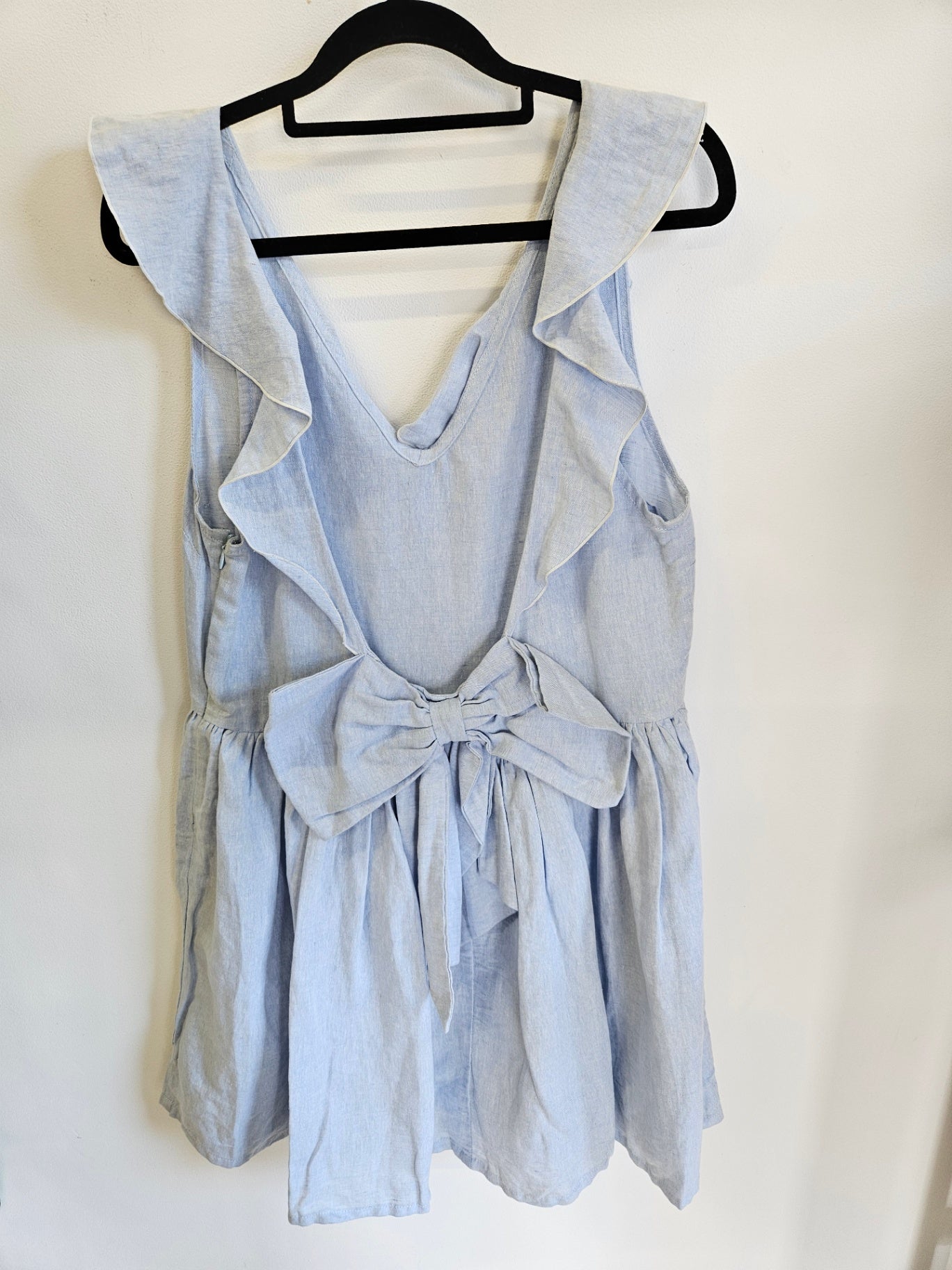 VELVET LINEN FRILL SLEEVE MINI DRESS LIGHT BLUE SIZE 12