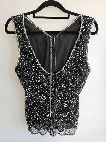 MR K SILK BEADED SLEEVELESS TOP BLACK WHITE SILVER SIZE M