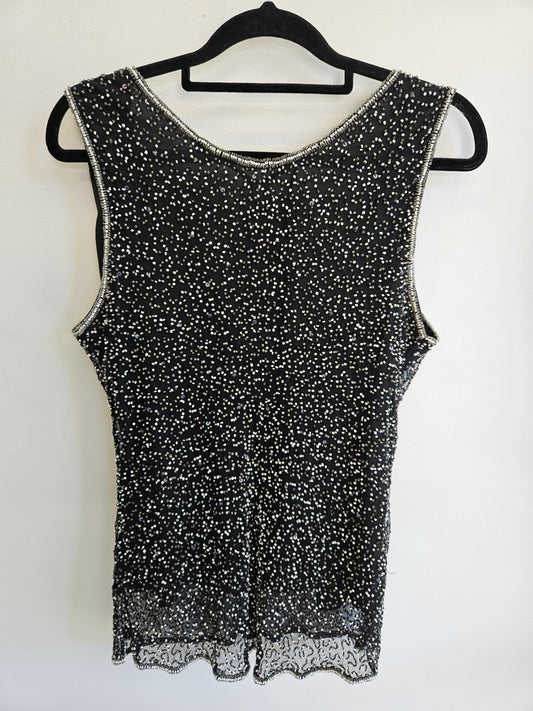 MR K SILK BEADED SLEEVELESS TOP BLACK WHITE SILVER SIZE M