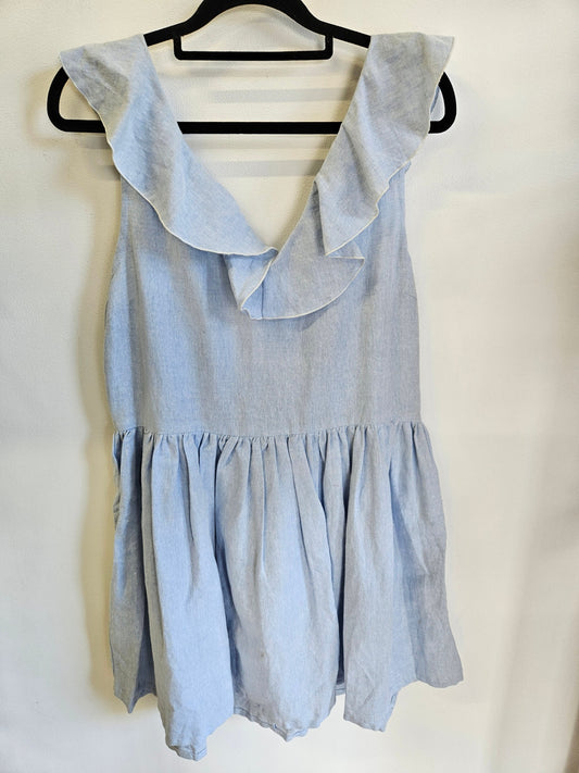 VELVET LINEN FRILL SLEEVE MINI DRESS LIGHT BLUE SIZE 12