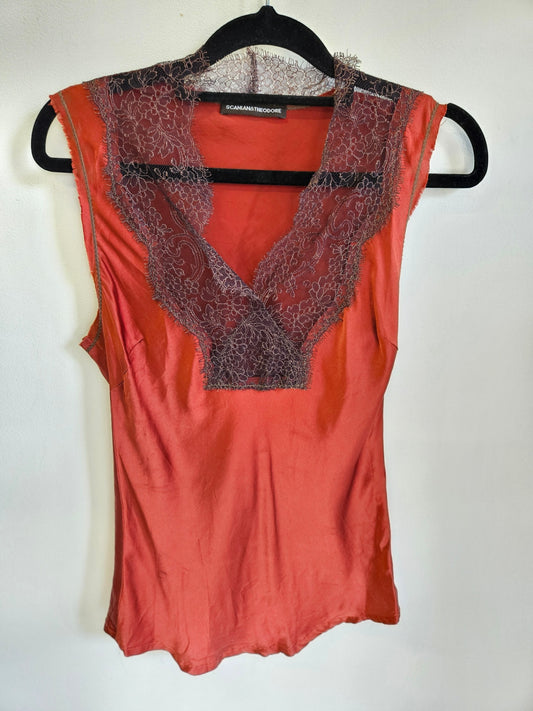 SCANLAN AND THEODORE SILK SLEEVELESS TOP RUST BROWN LACE TRIM SIZE S