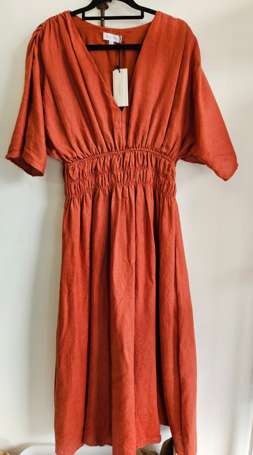 AERE LINEN FORMAL SHORT SLEEVE MAXI DRESS RUST SIZE 16