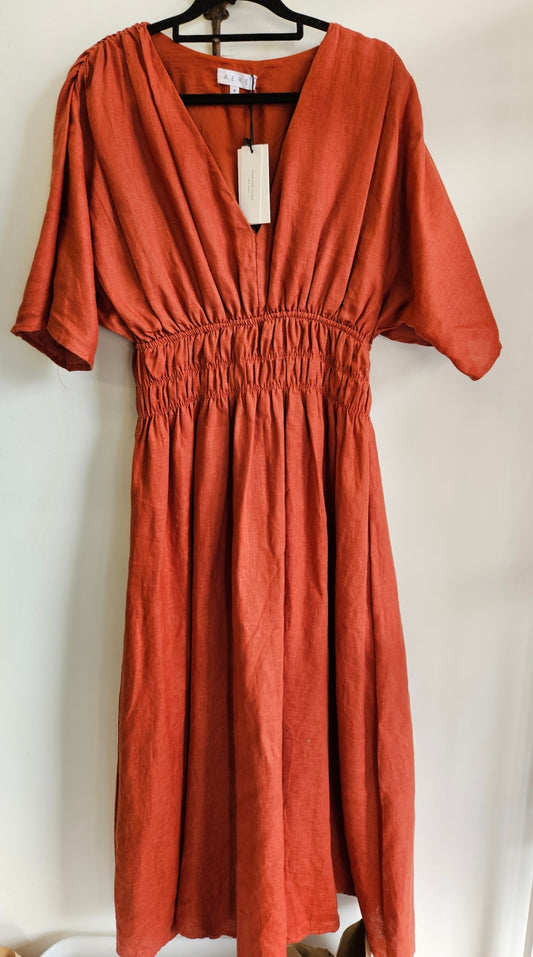 AERE LINEN FORMAL SHORT SLEEVE MAXI DRESS RUST SIZE 16