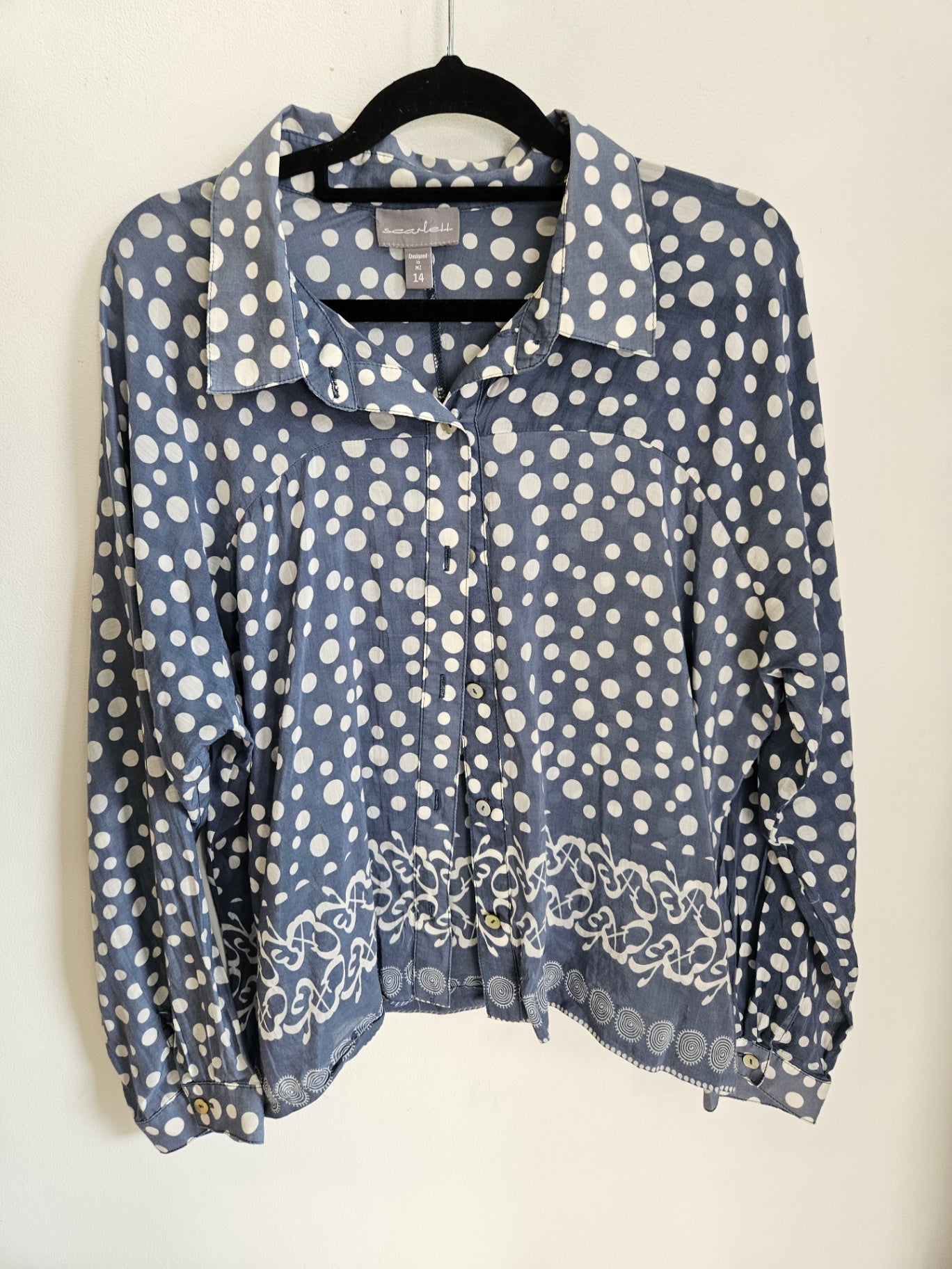 SCARLETT COTTON SILK LONG SLEEVE CROPPED SHIRT BLUE WHITE SPOT SIZE 14