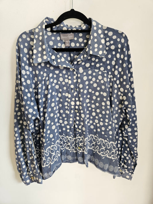 SCARLETT COTTON SILK LONG SLEEVE CROPPED SHIRT BLUE WHITE SPOT SIZE 14